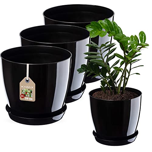 KADAX Bloempot, plantenpotset met onderschotel, bloempot van kunststof, ronde sierpot voor binnenshuis, bloempot voor bloemen en kamerplanten, kruidenpot (set van 3 20 cm, zwart)