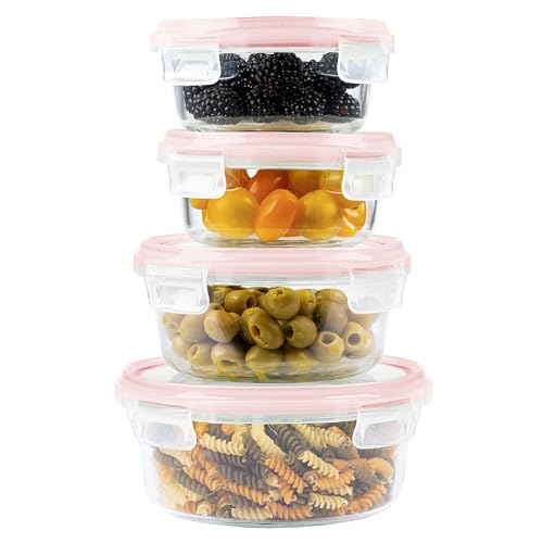 Home Fleek Glazen Vershoudbakjes, Ronde Glazen Meal Prep Food Container Met Deksel Ruimtebesparende Glazen Voedselopslag Container Voor Magnetron En Vriezer Meal Prep Containers (Set 4, Rood)