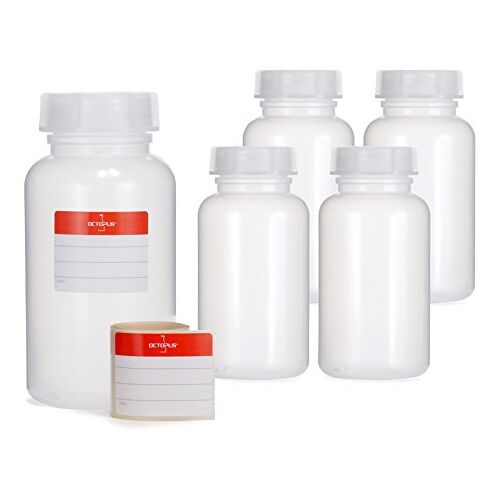 Octopus 5 x 500 ml flessen van LDPE met brede hals met schroefdop, lege chemieflessen, laboratoriumflessen met deksel als opbergvak voor laboratorium, keuken of hobby