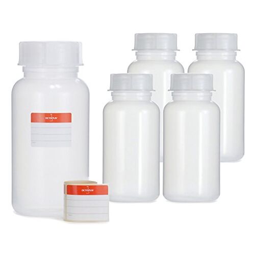 Octopus 5 x 1000 ml flessen van LDPE met brede hals met schroefdop, lege chemiefles, laboratoriumflessen met deksel als opbergvak voor laboratorium, keuken of hobby