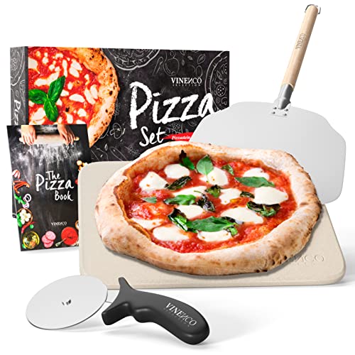 Vinenco Pizzasteen voor Oven & Gasgrill met Pizzaschep, Receptenboek & Pizzasnijder   Pizza Stone Set: Brood Steen Steenplaat Grill Kit BBQ Pizzabenodigdheden   Broodbaksteen Ovensteen & Pizzaschuiver