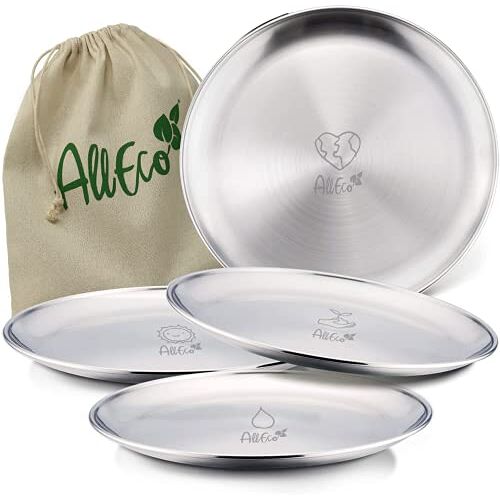 AllEco ® Roestvrij stalen campingborden set 4 stuks 26 cm Ø picknick & camping servies set 4 personen roestvrijstalen borden outdoor accessoires campingkeuken duurzaam en plasticvrij (4 borden 26 cm