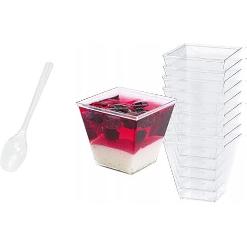 AllBags 50 stuks dessertbekers 60 ml dessertglazen set dessertbekers plastic dessertbekers met 50 stuks lepels herbruikbare dessertglazen plastic voor dessert, pudding mousse, party dessertkommen