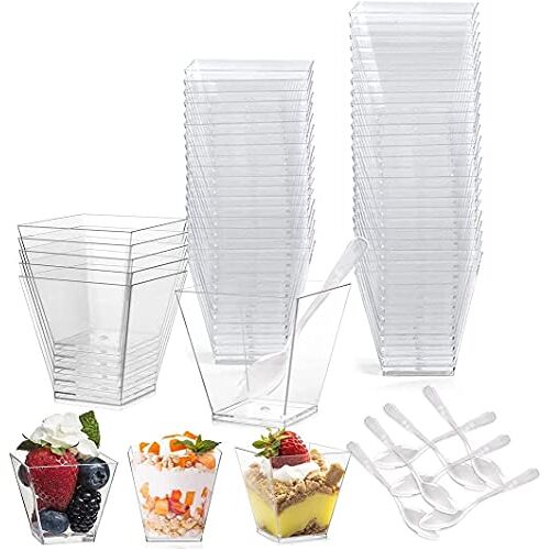 WANGZAIZAI 50 stuks dessertbekers met 50 stuks lepels, set van 60 ml dessertkommen, doe-het-zelf plastic dessertbekers, herbruikbare trapezoïdale bekers voor thuis, desserts, picknick, feest, geschikt voor vaatwasser