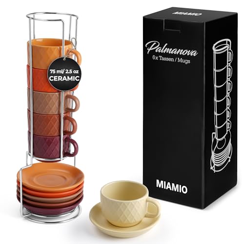 MIAMIO 6 x 75 ml Espressokopjes/espressokopjes set met ruitpatroon keramiek Palmanova collectie (Magma Rood)