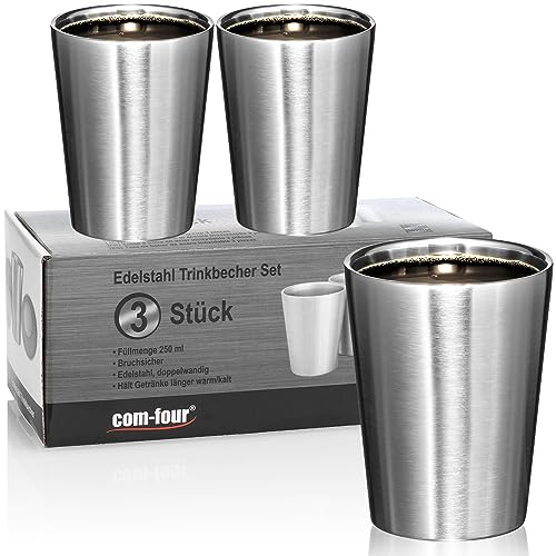 com-four ® 3x roestvrijstalen drinkbekers thermische drinkbekers 250 ml van roestvrij staal onbreekbare campingbekers dubbelwandige isoleerbekers BPA-vrij (Neutraal 3 stuks)