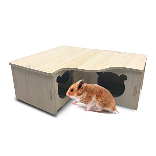 Eyksta Hamster huis van hout, 3 kamers, hamster speelgoed kooi decoratie voor dwerghamsters, racemuizen, deegus, stekelmuizen (L 31 * 24 * 11 cm)