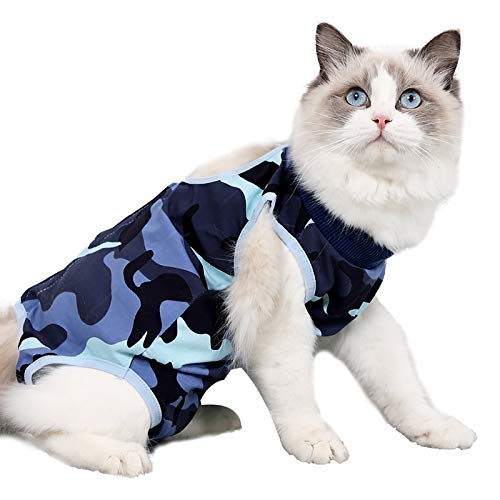 Sunlane Recovery Suit Kat, postoperatieve kattenkleding voor herstel onderbuikbescherming tegen wondlittekens of huidziekten, kleding na de operatie (S, blauw camouflage)