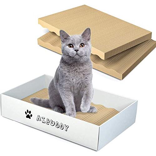 Aibuddy Kattenkrabber, 3 STKS Kat Krabpads Lounge Bed Omkeerbaar Karton met Organisch Kattenkruid [ Home Clean Design met Scratcher Box]