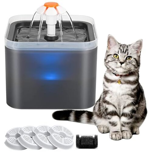 XINGGANG Kattenfontein, 2 liter kattendrinkfontein, ultralichte kattendrinkfontein, led-lichtfontein, hondendrinkfontein, met actieve koolfilter en waterpomp (grijs)