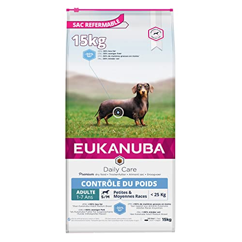 EUKANUBA Dagelijkse verzorging Droogvoer met verse kip voor gewichtsbeheersing bij volwassen middelgrote honden (1-7 kg), 15 kg