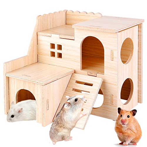 Vegena Hamster hoekhuis houten hamsterhuis, caviahuis met ladder, 2 etages, hamsterhuis, hout voor kleine huisdieren, dwerghamsters, racemuizen, deegus, stekelmuizen