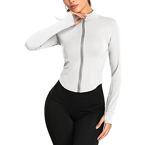 SEAUR Hardloopjassen voor vrouwen, lichtgewicht, gym, slim fit, atletisch, work-out, yoga, sport, actieve jas, sportkleding, Wit, L