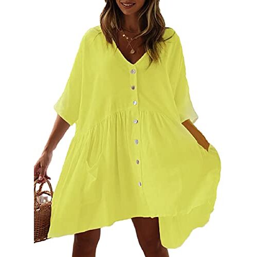 Bsubseach Vrouwen Casual Bikini Badpak Cover Up Blouses Strand Tuniek Jurk, A-licht Geel, one size