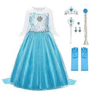 URAQT Elsa-jurk, Elsa-kostuum met Elsa Crown Wand-handschoenen en Tiara, Sneeuwkoningin-prinseskostuums met Elsa-aankleedaccessoires voor Meisjes, Verkleedkleding voor Kinderen voor Carnavalsfeest Halloween-cosplay