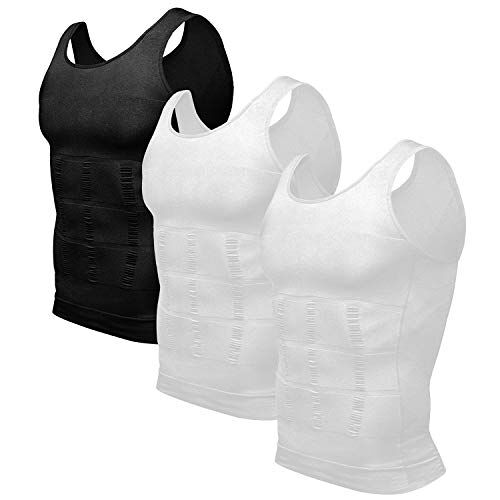 Odoland Mens Afslanken Vest 3 Pack Body Shaper Compressie Shirt buik Ondershirt Compressie Spier Tank, Zwart/Wit/Wit, M