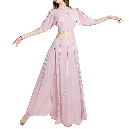 DAIHAN Vrouwen buikdans praktijk pak voor beginners oosterse dans chiffon training prestaties kostuum buikdansen rok met pailletten top trainingskleding, Oupink, XL