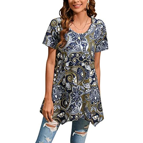 Enmain casual tunieken voor dames, casual tuniektops met lange mouwen voor dames, lange blouse met ronde hals in grotere maten, tuniekjurk, soepel vallend T-shirt voor dames, S-3XL, M