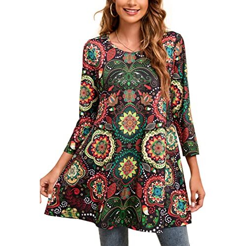 Enmain Dames casual tuniektops lange mouw dames lange tuniek blouse shirts ronde hals plus size tunieken jurk zwevend T-shirt voor vrouwen, S-3XL, C01- Veelkleurig, 4XL