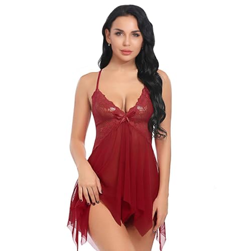 YaShaer Vrouwen Sexy Kant Kant Chemise Nachtkleding Nachtkleding Set V-hals Babydoll met G-String, Rood, L