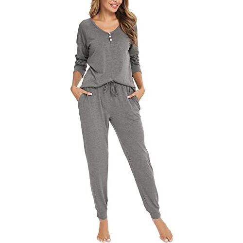 Vlazom Damespyjama, lange tweedelige pyjama met V-hals en geruite broek, lange mouwen, tweedelige sleepwear