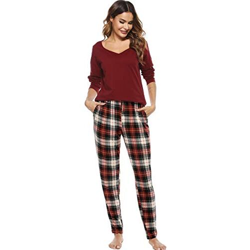 Vlazom Damespyjama, lange tweedelige pyjama met V-hals en geruite broek, lange mouwen, tweedelige sleepwear