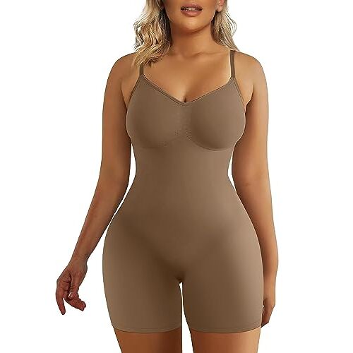 SHAPERX Slankvormende bodysuit voor dames, platte buik, bodysculpt, afslankmiddel, shapewear bodysuit, Bruin, XXS-XS