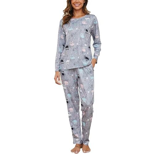 GAESHOW Dames pyjama set, katoen dames nachtkleding set, lange mouw kat golf stippen schattige pyjama zacht katoen dames pyjama set loungewear nachtkleding nachtkleding, Bloem, XL