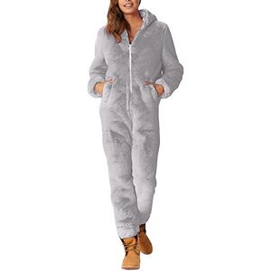 WinvOx Fleece onesies voor dames met oorcapuchon, alles-in-één pyjama voor vrouwen en volwassenen, dikke warme pyjama loungsuit alles-in-één stuk jumpsuit ritssluiting sweatshirt onesies eendelige pyjama