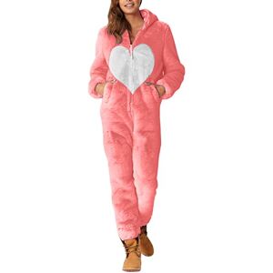 Dinnesis Unisex jumpsuit pyjama dames lange schattige pyjama meisjes slaapoverall matching pyjama koppels winter warme pluche broek nachtkleding dames elegante kerstpyjama, S-5XL, roze, XXL