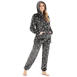 CityComfort Damespyjama, fleece pyjama met capuchon voor dames en tieners, pluizige loungewear-set, gezellige fleece pyjama's, Grijs ros�goud, S