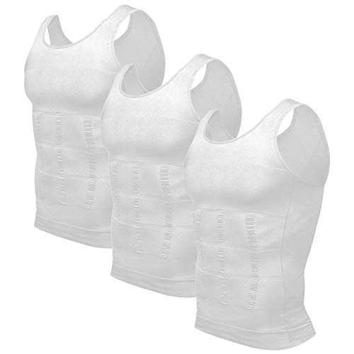 Odoland Mens Afslanken Vest 3 Pack Body Shaper Compressie Shirt buik Ondershirt Compressie Spier Tank, Kleur: wit, XL