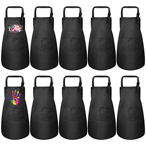 Geebuzz 10 stuks kinderschort verstelbaar blank DIY kinderkok schorten handwerk schorten met zakken voor keuken schilderen koken bakken, zwart, L