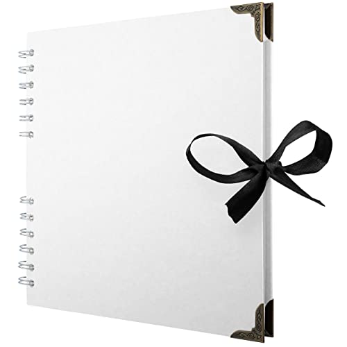 Bstorify Vierkant plakboek fotoalbums 60 pagina's (21 x 21 cm) wit dik papier, harde cover, metalen hoeken, lintsluiting ideaal voor je plakboekalbums, kunst- en knutselprojecten (wit, 21 x 21 cm)