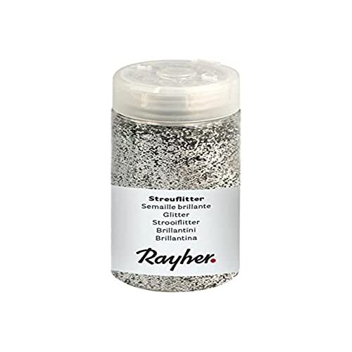 Rayher 3925822 strooiflitser, blik met strooideksel, 110 g, glitter ideaal voor knutselen, voor het decoreren van papier, karton, hout, piepschuim, keramiek, steen, zilver