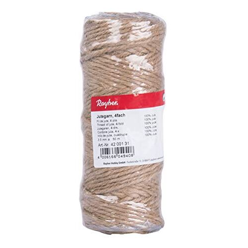 Rayher 4200131 jutegaren, 3-voudig, 3,5 mm ø, spoel 50 m, kleur natuur, jute koord, bindgaren, bindkoord, decoratief koord, jutekoord