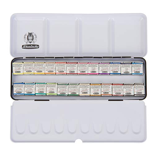 Schmincke HORADAM AQUARELL verfdoos met 24 fijnste aquarelverf, 74424097, zwart metalen doos, schilderset, premium aquarelverf, 24 x 1/2 cel