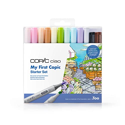 Copic Ciao Marker My First  Starter Set, 10x  Ciao Marker, 2x  Multiliner, 3x lijntekeningen om te oefenen, 8x vel premium bond papier A6, gebruiksaanwijzing