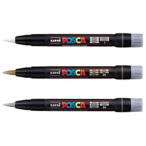 POSCA Uni PCF-350 Penseel Tipped Paint Marker Art Pen Stof Glas Metalen Pen Zilver, Goud & Wit Set (1 van elk)