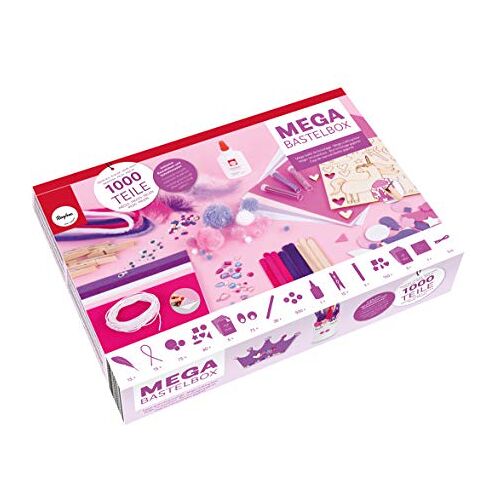 Rayher 69184000 Mega-knutselset, 1000 stuks, wit/roze/paarse tinten, knutselset kinderen, creatieve set, pijpreinigers, pompons, veren, wiebelogen, pailletten, knutsellijm, knutselen kinderverjaardag