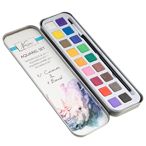 Van Natsau Fine Art Waterverfdoos met 18 verschillende aquarelkleuren, voor kunstenaars, aquarelverfdoos met kwast, voor volwassenen en kinderen, voor schilderen op reis, dekverfdoos, waterverf