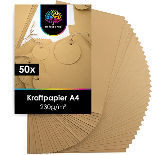 OfficeTree 50 x kraftpapier A4, 230 g, knutselpapier A4, kartonnen papier voor knutselen, uitnodigingen, menukaarten, kartonpapier A4, bruin papier A4, knutselpapier om af te drukken en te schrijven, 50 stuks