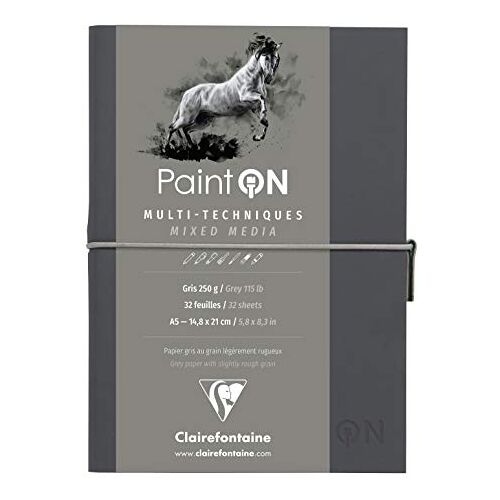 Clairefontaine Ref 975184C Paint'On Multi-Technique Grey Sewn Art Book (32 vellen) A5-formaat, 250 g/m² papier, zuurvrij Geschikt voor meerdere technieken