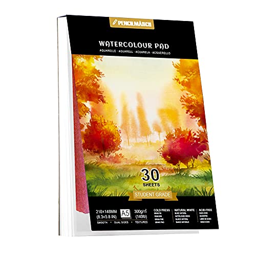 PENCILMARCH Aquarel Papier A5 *30 Vellen voor aquarelverf, koudgeperst, 140lb/300gsm Aquarelpapier, Aquarel notitieboek, Waterverf Notitieboek voor aquarellentechnieken en schetsen, Aquarelblok