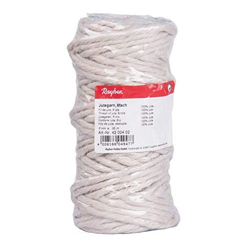 Rayher Hobby  4200402 jutegaren, 6-voudig, 6 mm ø, spoel 35 m, jute koord, bindgaren, decoratief koord, jute koord, wit