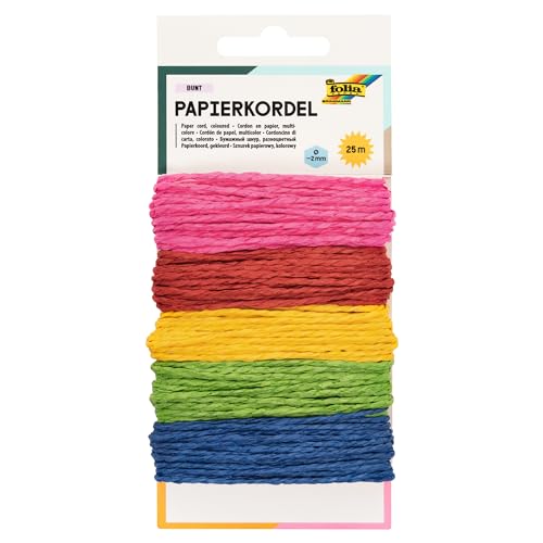 folia 1221 Kleurrijk papieren koord, 5 verschillende kleuren, elk 5 m koorden van papier voor het versieren van knutselwerk, handwerk en kleine geschenken