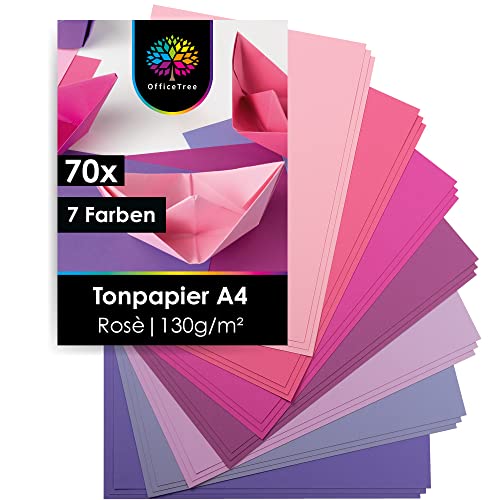 OfficeTree 70 x gekleurd papier, roze, A4, knutselpapier 130 g/m², 7 roze tinten, fotokarton A4 om te knutselen en vorm te geven, roze papier A4, knutselpapier paars, gekleurd papier roze, origami papier A4