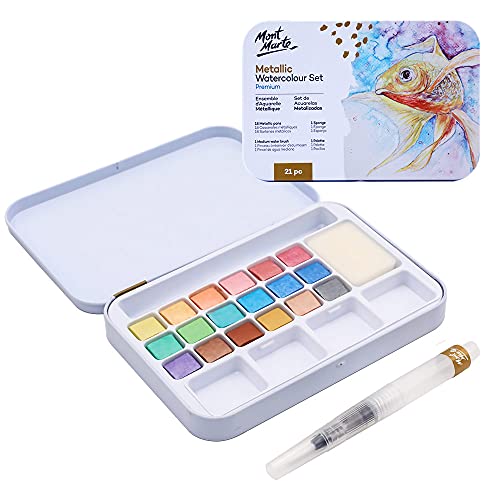 MONT MARTE Aquarelverf Metallic – 18 Aquarellen – Inclusief Waterpenseel, Spons en Palet – Compacte Set – Ideaal voor Aquarelleren