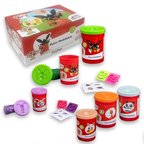 Sbabam , Funny Box Bing modelleerklei, spelletjes voor kinderen aan de kiosk, modelleermassa voor kinderen met stickers en vormen, bing-spelletjes, figuren met Sula Bing en andere, 6 kleurrijke glazen,