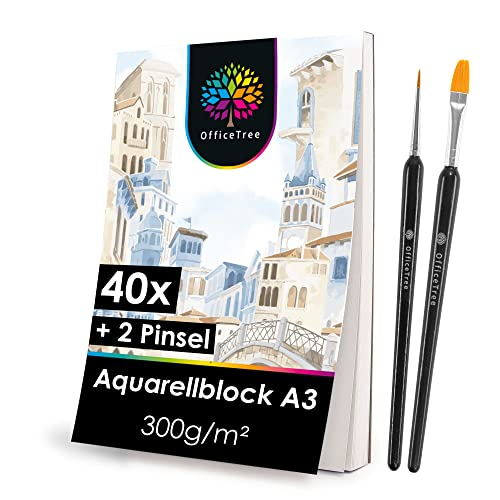 OfficeTree 40 x aquarelpapier A3 300 g aquarelblok A3 met penseel acrylpapier A3 aquarelpapier A3 aquarelpapier A3 voor aquarel tekenen schilderen